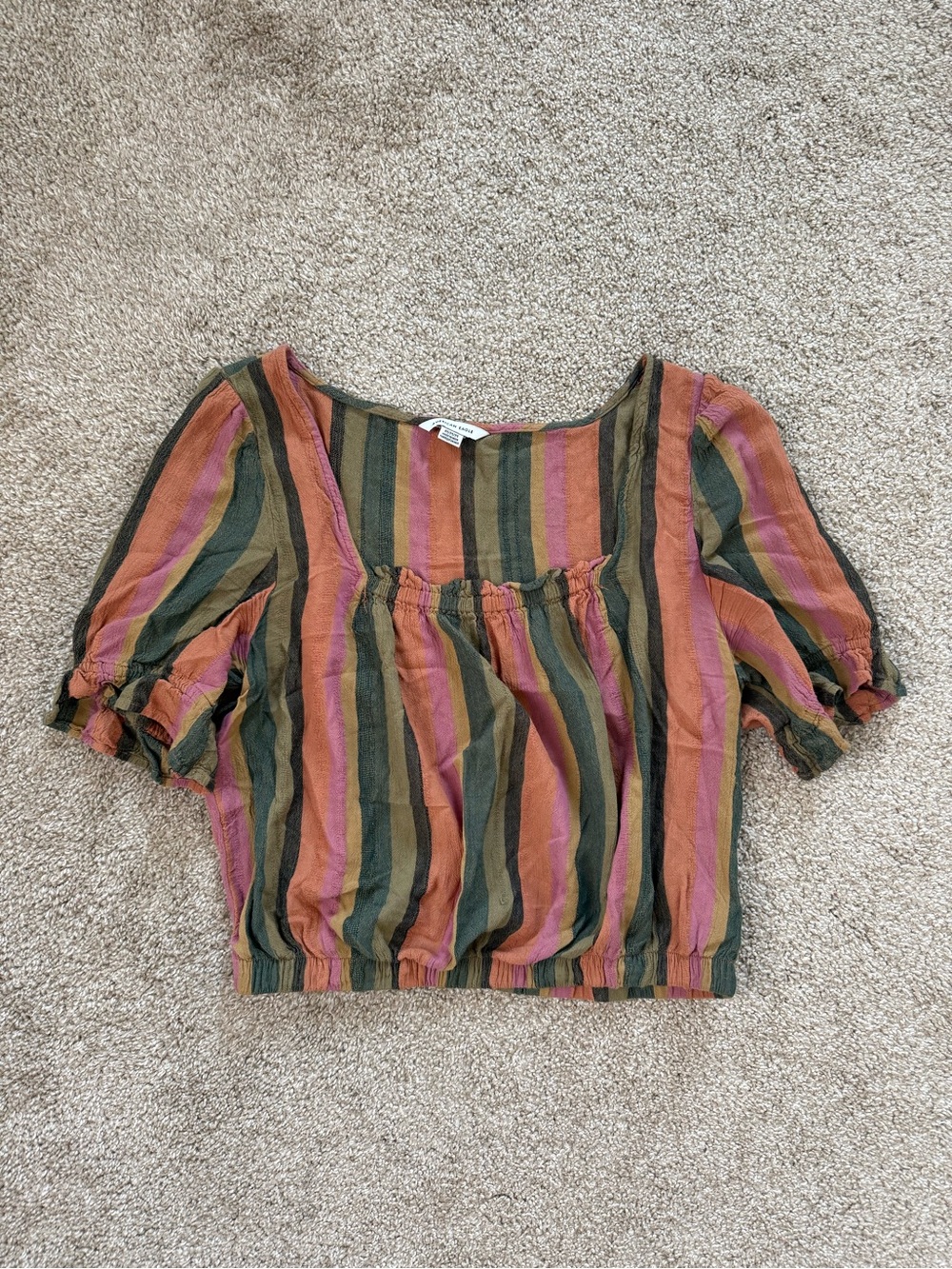 American Eagle Striped Peasant Crop Top in Olive, Rust & Pink Size Medium